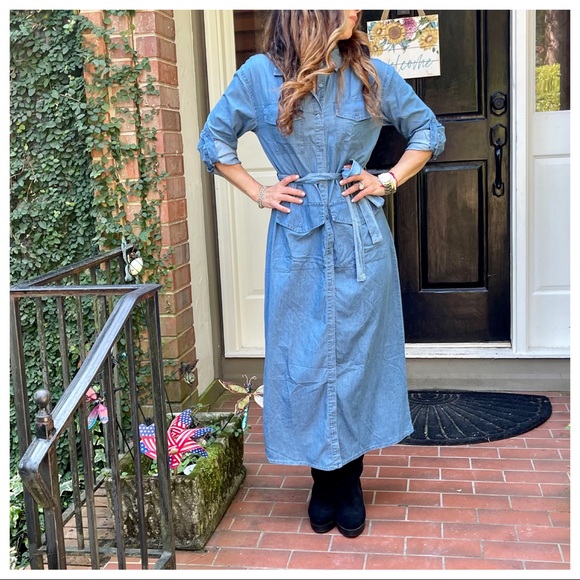 Paris fashion chic jean belted shirt Maxi dress - Picture 5 of 11